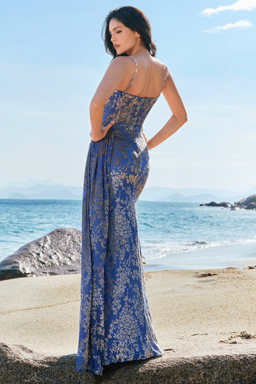 Blue Burnout Floral Corset Prom Dress with Slit